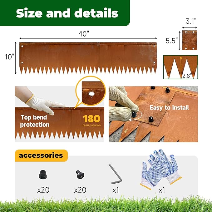 Cor Ten Steel Garden Metal Landscape Edging 40 inch with Top Bending Protection Pre-Rusted Cor Ten Steel Garden Edging 6 Pack Edge for Lawn Yard (10 inch-180 Degree Bend, Rusted)