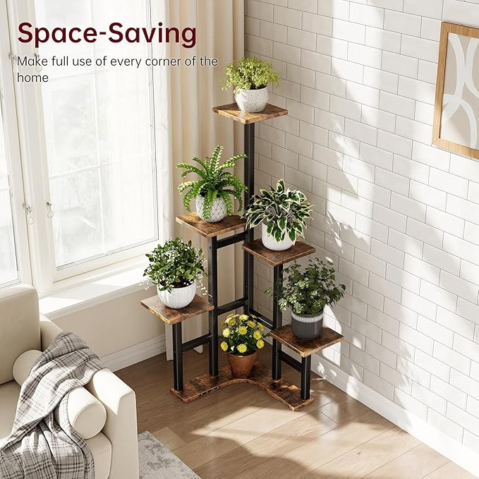 Corner Plant Stand Indoor, 6 Tier Corner Plant Shelf Flower Stand for Multiple Plants, Plant Shelves Organizer Rack for Living Room, Balcony, Patio, Garden, Square Rustic Brown