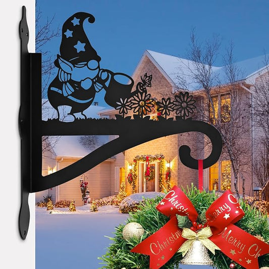 Christmas Plant Hangers Outdoor Iron Heavy Duty Ornamental Gnome Silhouette Wall Mounted Hanging Plant Bracket for Flower Pot Lantern Bird Feeder Wind Chimes Christmas Decoration