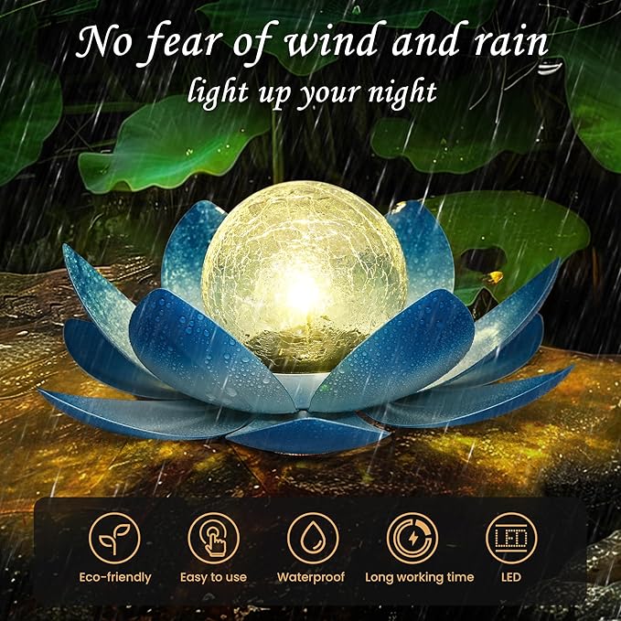 GIGALUMI Solar Light Outdoor Garden Decor, Lotus Flower Light Crackle Globe Glass Lantern Outdoor Table Decor Waterproof for Patio, Lawn, Pathway, Pool, Pond, Christmas Gift (Blue Petal)