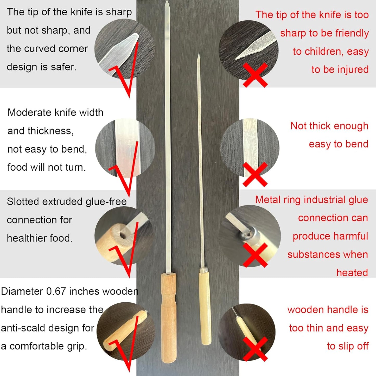 10 Pcs Kabob Skewers, 16IN Metal Skewers for Grilling, Premium Stainless Steel Flat Kebabs, with Wooden Handles Insulated Reusable BBQ Set