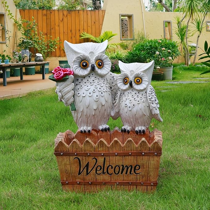 Garden Owl Statue Planter Outdoor - Large Owl Welcome Statue Tall Decor Fake Owls to Scare Birds Outdoor Sculptures for Patio Porch 25.2inch, White