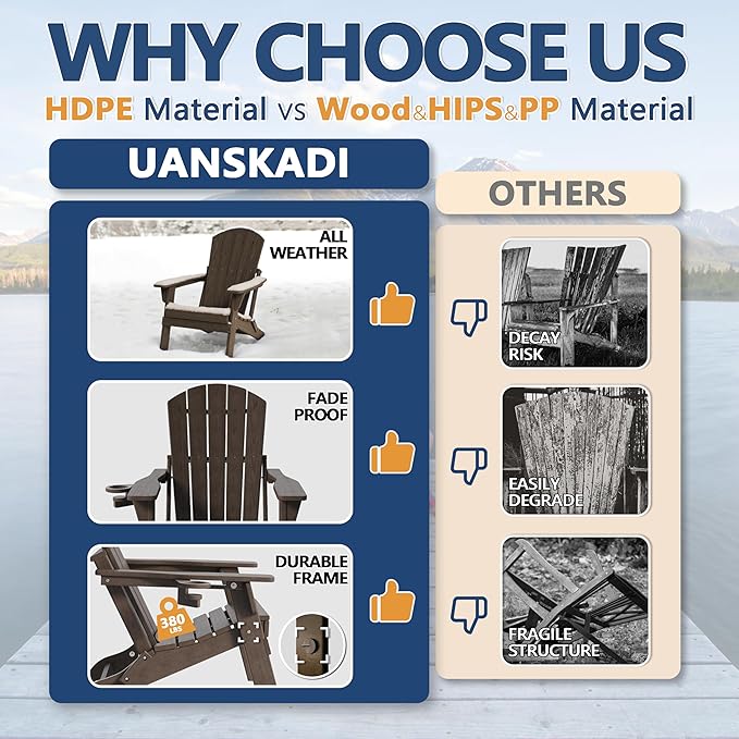 Folding Adirondack Chair Set of 4 with Cup Holder, HDPE All Weather Resistant Plastic Outdoor Patio Chairs, Heavy Duty Fire Pit Seating for Backyard Lawn Garden, Wooden Textured Design(Coffee)