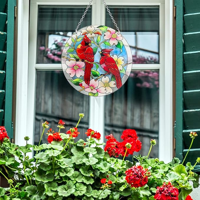 Cardinal Suncatcher Stained Glass, Cardinal Gifts for Women, Stained Glass Window Hanging - Red Birds Suncatchers for Windows, American Glass Hanging, Hand Painted Glass for Birds Lover (6inch)
