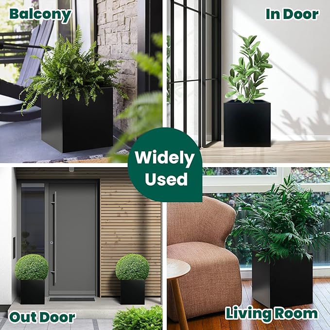 Galvanized Steel Planter Box Black Metal Planter Large Square Indoor Outdoor Planters Cube Steel Heavy Duty Flower Pot 16Inch Powder Coating Modern Commercial Residential for Patio, Deck, Yard, Garden
