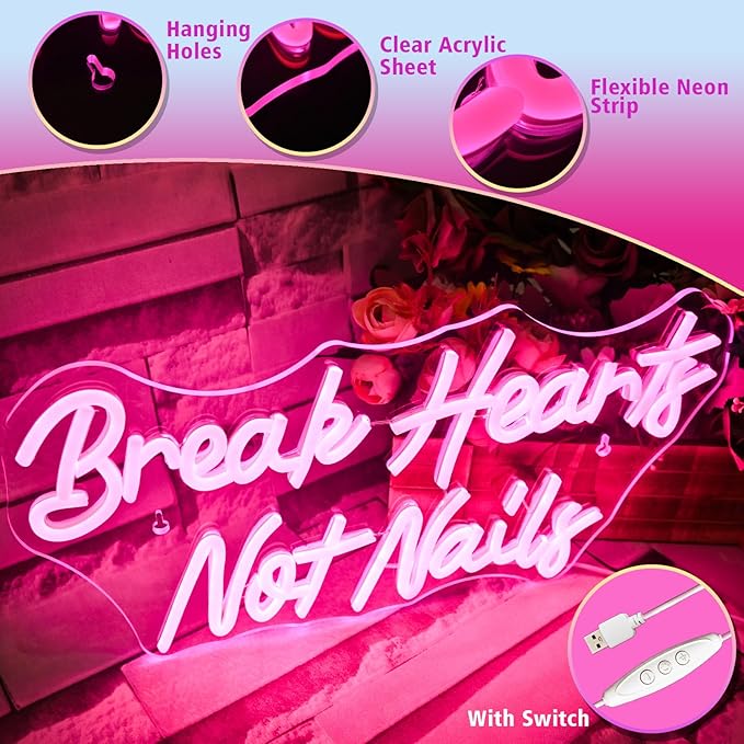 Break Heart Not Nails Neon Sign for Wall Decor,Neon Light Pink LED Neon Light for Bedroom Nails Salon Beauty Room Shop Decoration Gift