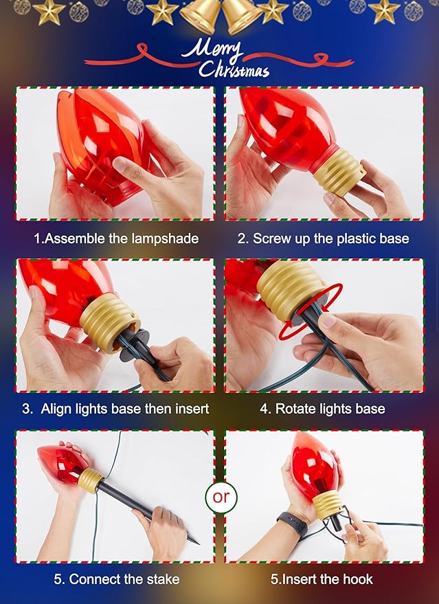 4 Pack Christmas Lights Jumbo C9 Outdoor Lawn Decorations with Pathway Marker Stakes, 10.5Ft C7 Lights Covered Jumbo Glitter Multicolor Bulb for Holiday Outside Yard Garden Decor