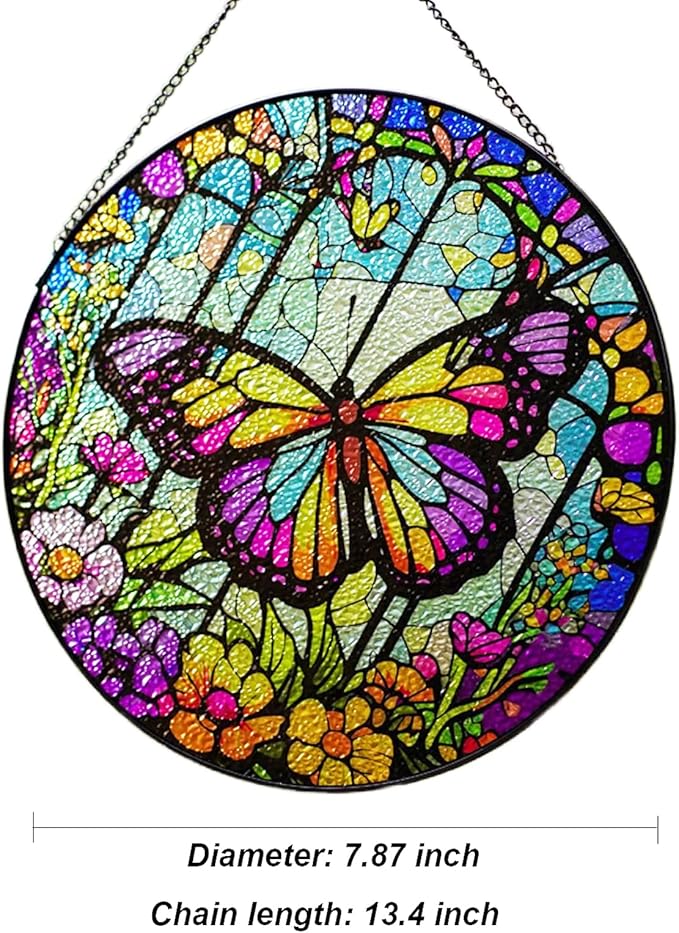 Butterfly Stained Glass Suncatcher Artistic Window Hanging,7.8” Hand-Painted Glass Panel Wall Home Decor,Gift for Women Garden Decor Suncatcher, BL009
