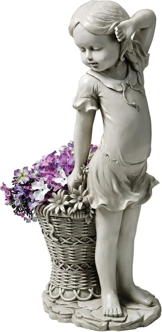 Design Toscano Frances the Flower Girl Outdoor Garden Statue with Planter, 21 Inch Tall, Cast Stone Resin, Antique Stone Finish
