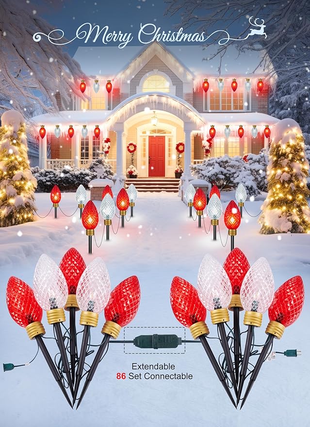 Brightown Strawberry Super Jumbo C9 Christmas Pathway Lights Outdoor - 11 Feet 5 LED Jumbo C9 Pathway Lights, Giant Christmas Lights Outdoor Decorations for Lawn Holiday Yard Outside, Red & White