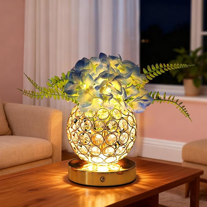 Blue Artificial Hydrangea Flower Lamp, 3 Color Dimmable Touch Control Night Light, Christmas Birthday Gifts for Women, Artificial Hydrangea Flower Table Lamp Decor for Bedroom Bar Coffee Shop Wedding