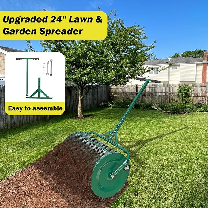 Compost Spreader, 24" Peat Moss Spreader, Roller Lawn Spreader with 3 Heights T Shaped Handle, Side Latches Powder Coated Steel Mesh Basket, Lawn & Garden Spreader for Spreading Manure Topsoil, Green
