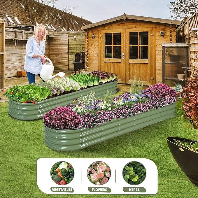 Galvanized Raised Garden Bed - 8x2x1FT Metal Planter Boxes Outdoor | Oval Steel Raised Bed Kit for Gardening with Protective Tape, Bracing Rods, Gloves for Vegetables, Flower, Herb (Green)
