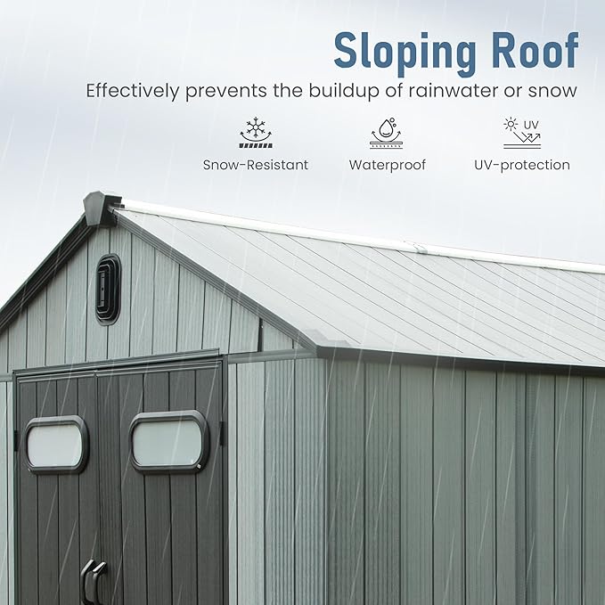 Domi 8x12 FT Outdoor Resin Storage Shed, All-Weather Double-Wall Storage Building for Backyard, Garden, Lawn Tools, Mower, Bike & Pool Equipment, Lockable Doors, Ventilated Roof, Grey