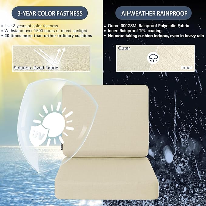 Favoyard Outdoor Deep Seat Cushion Set, 19 x 19 Inch Rainproof & 3-Year Fade Resistant Patio Furniture Cushions, Removable Seat Bottom & Back Cushion Covers with Ties for Chair, Sofa, Couch, Beige