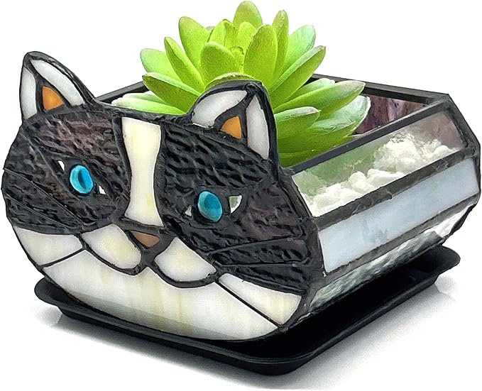 Cactus Black Cat Planter, Cute Small Stained Glass Cat Planter，Cat Terrarium Planter for Tabletop Houseplants，Gifts for Cat Lovers 4.33x3.54x2.95 in (Flower Pot Does not Include Plants)