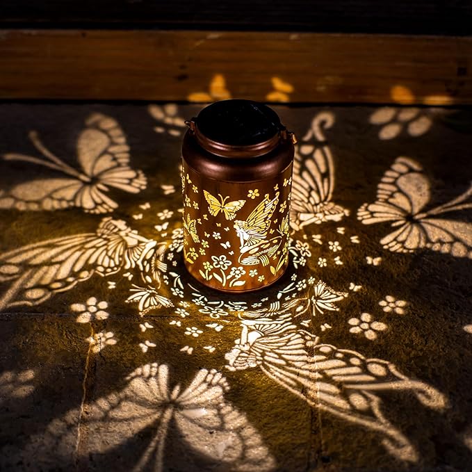 Fairy Solar Lanterns Outdoor Waterproof Hanging Butterfly Lights Hollow Out Metal Lantern Decorative Garden Graceful Light Christmas Decor for Patio,Landscape,Festival Gifts for Women Mom Grandma