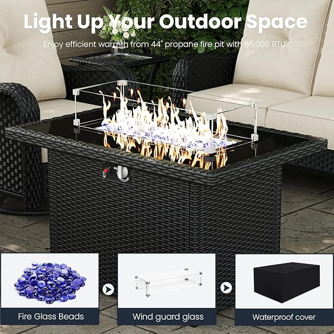 8 Pieces Outdoor Patio Furniture Sets with Rocking Swivel Chairs with 6-inch Thick Cushion and Fire Pit Table for Deck Lawn