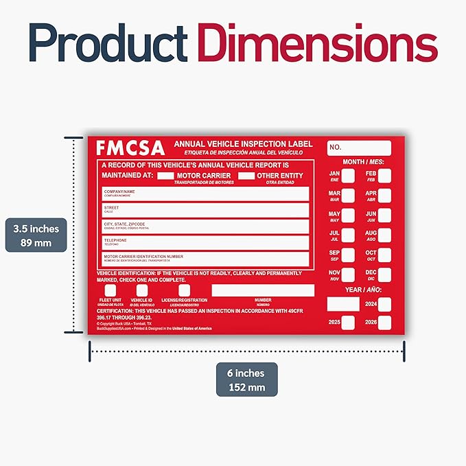 5 Pack Buck Aluminum Annual Vehicle Inspection Label with Punch Boxes, 2 Mil Red FMCSA Self Adhesive Sticker, DOT Compliant, Weatherproof, Tear Resistant, Easy to Write On, 6" x 3.5" - Made in USA