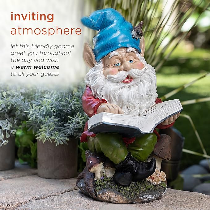 Alpine Corporation 14" Tall Outdoor Garden Gnome Reading a Book Yard Statue Decoration
