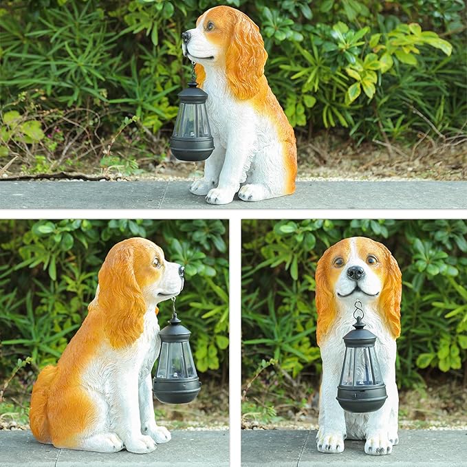 Afirst Dog Garden Statue - Outdoor Decor with Solar Lantern Lovely American Cocker Spaniel Figurine Patio Lawn Yard Art Ornaments Housewarming Gift
