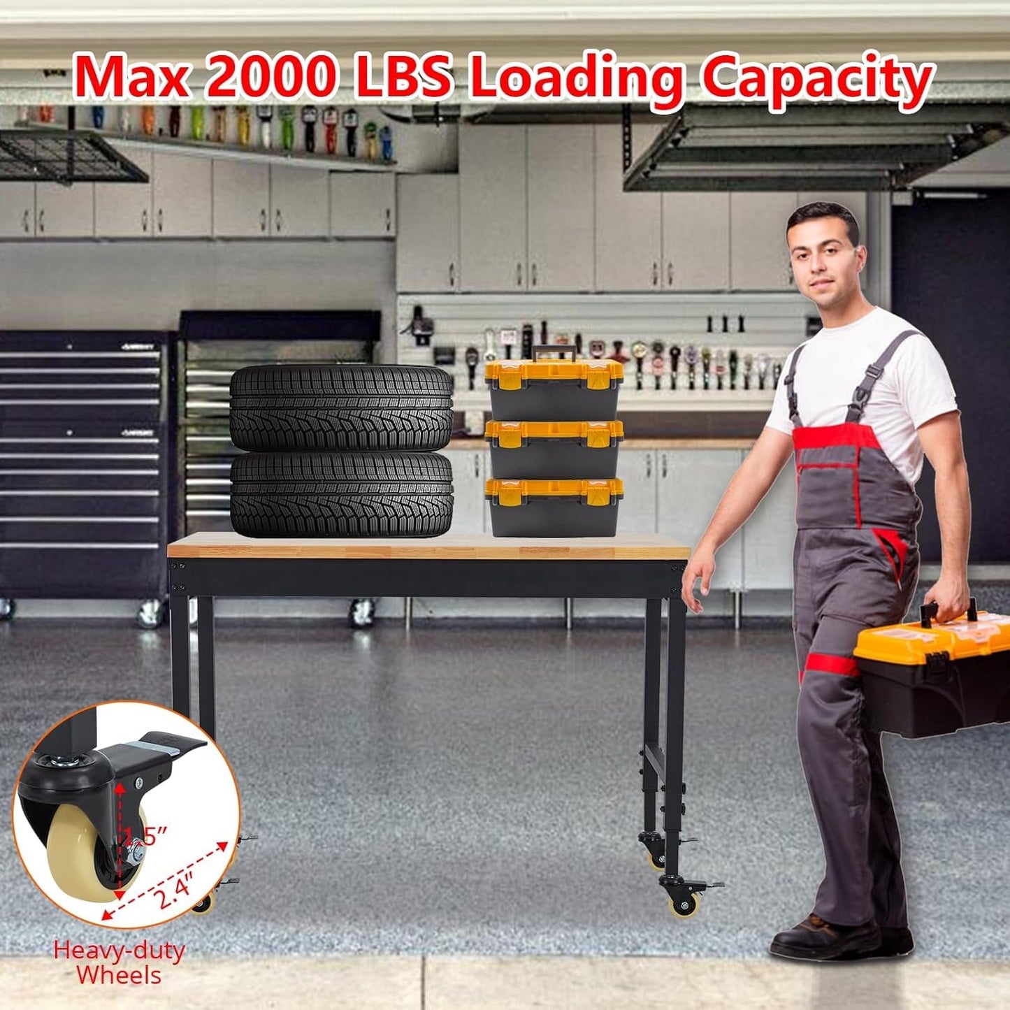 72'' Adjustable Workbench, Heavy Duty Workbench with Power Outlet and Lockable Wheels, 2000 LBS Capacity, Work Table Suitable for Office, Garage, Workshop