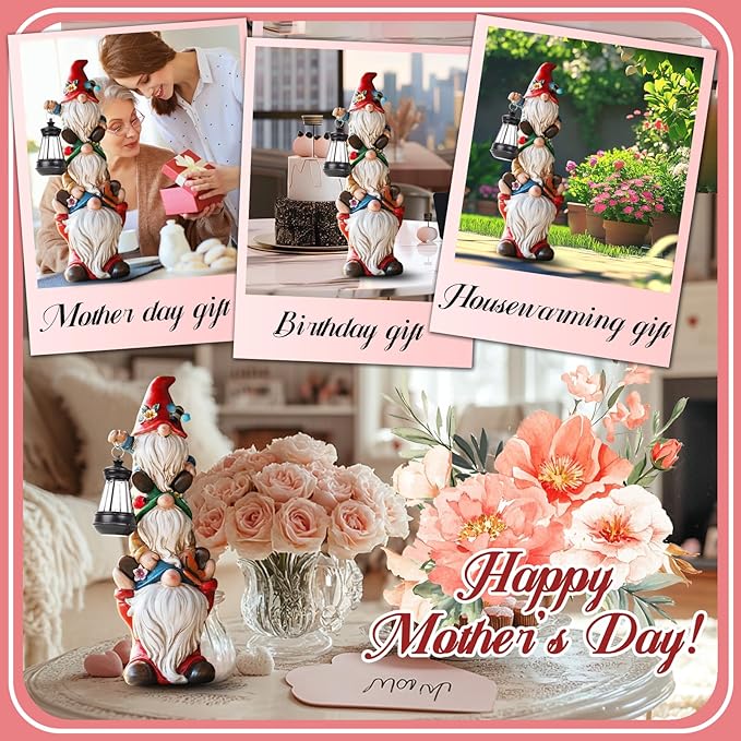 Garden Gnome Statue with Solar Lights Large Garden Sculptures Funny Triple Gnome Outdoor Patio Lawn Yard Balcony Garden Home Decor Gifts for Women Mom 12 in Spring Summer Gnomes Outdoor