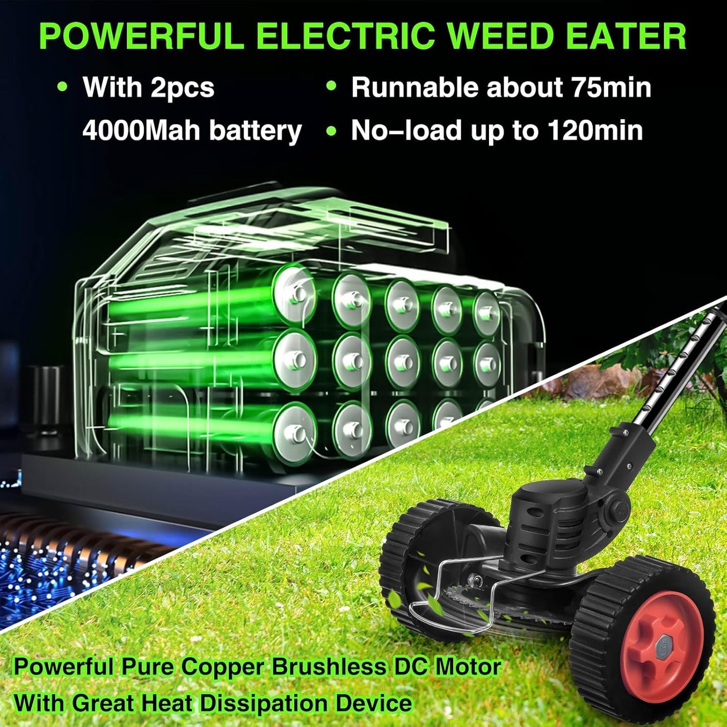 Electric Weed Wacker Cordless with Wheels: Electric Weed Wacker Battery Powered 24V 4.0Ah - Cordless String Trimmer for Lawn Garden Glass Pruning Trimming, Black