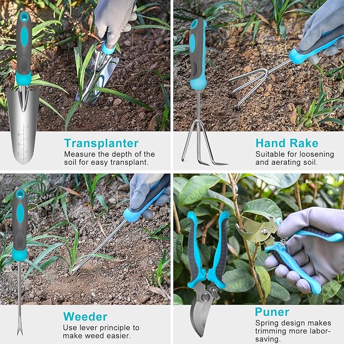 Gardening Tools, Carsolt 10 Piece Heavy Duty Stainless Steel Garden Tools Set with Ergonomic Rubber Handle. Variety of Gardening Hand Tools for Planting Gardening Kit with Gift Box Ideal Garden Gifts