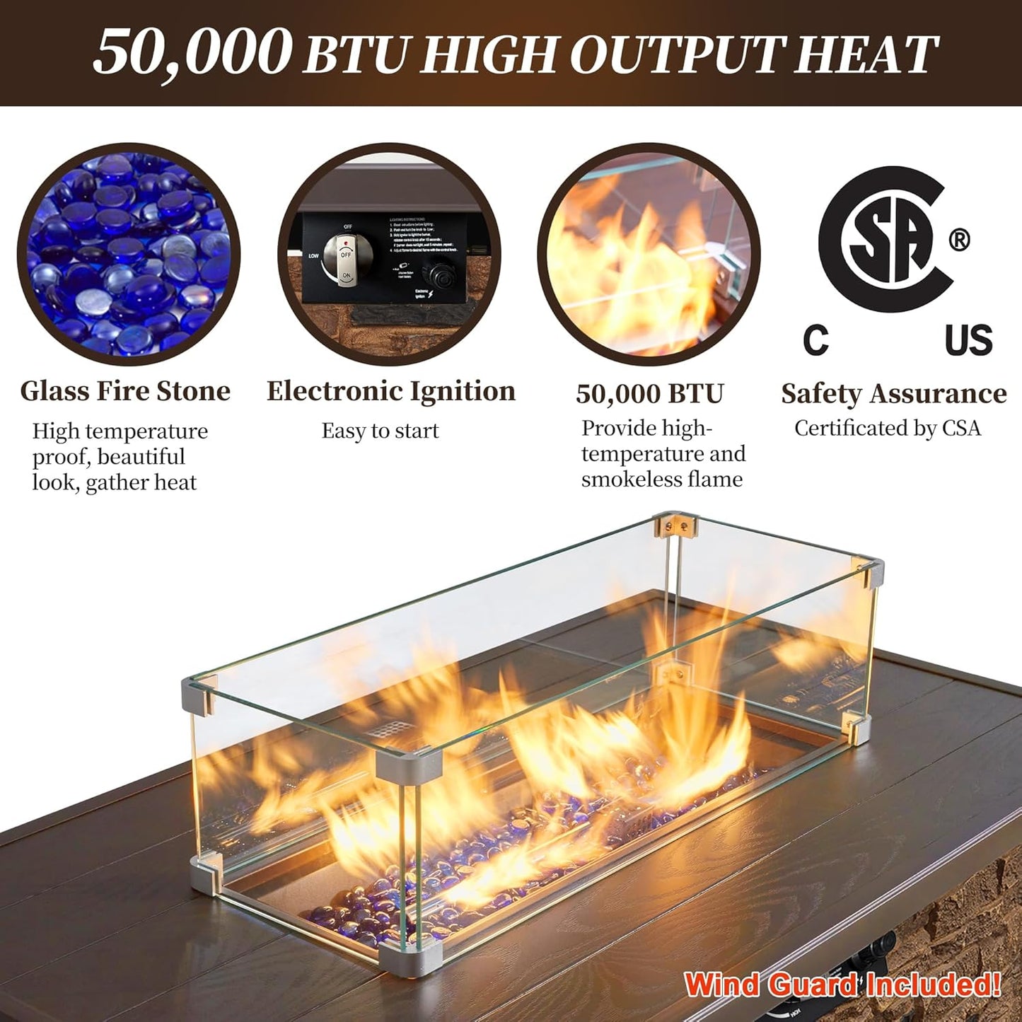 43” Propane Fire Pit Table Outdoor Rectangular Stone Firepit Table 50,000 Btu Propane Fire Tables for Outside Patio with Glass Wind Guard, Lid, Fire Glass Beads,Brown Rock Look