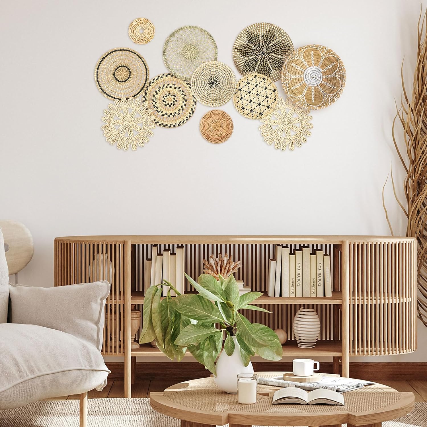 Tatuo 11 Pcs Boho Wall Basket Decor Decorative Bulrush Woven Basket Wall Decor Art Round Farmhouse Hanging Baskets for Kitchen Rustic Home Summer Decorations, Multi Sizes(Vivid)