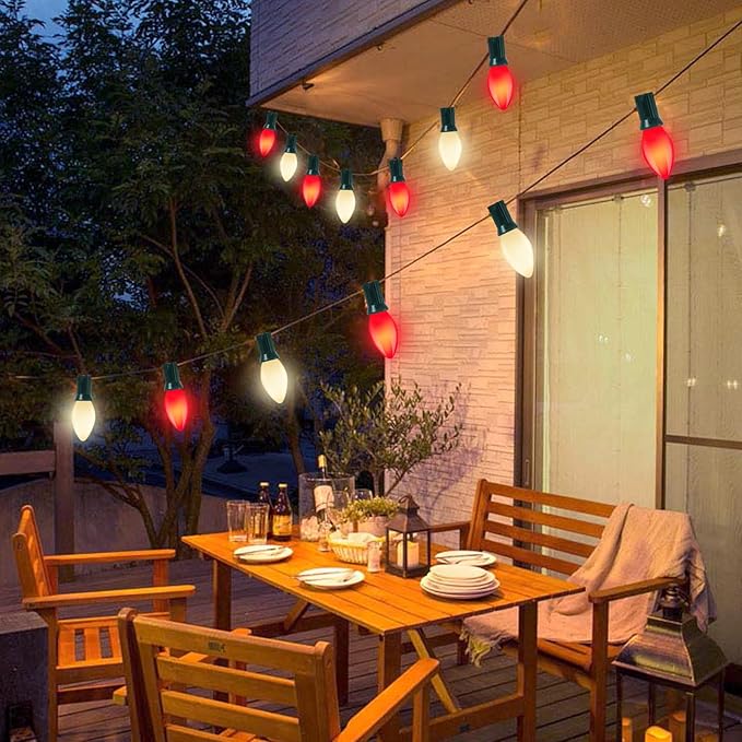 C7 LED Red and White Christmas Lights, 25Ft Outdoor Decorations With 27 Shatterproof Bulbs, Hanging Vintage Christmas Lights for Tree Roofline Holiday Party Backyard