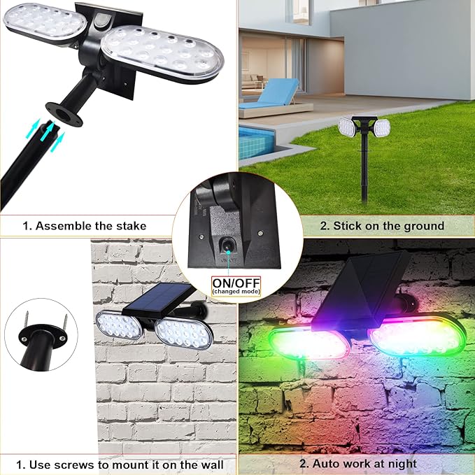 EMANER Outdoor Solar Spot Lights, Dusk to Dawn Solar Powered Landscape Spotlight Stay On, 5 Modes Super Bright Colorful Solar Stake Light for Exterior Halloween Christmas Decorations, 4-Pack