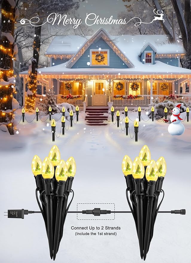 C9 Christmas Pathway Lights Outdoor, 45Ft 40 LED Christmas String Lights with Stakes, 4 Light Modes, Waterproof Connectable Christmas Decorations for Outside Lawn Yard Sidewalk Driveway, Warm White