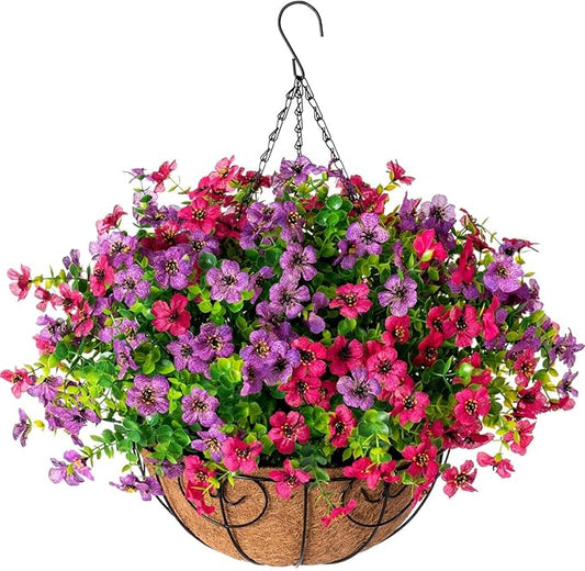 Artificial Faux Hanging Plants Flowers Basket for Spring Summer Outdoor Outside Decoration, Fake Silk Colorful Daisy Eucalyptus in Planter UV Resistant Realistic for Porch Patio Balcony Yard