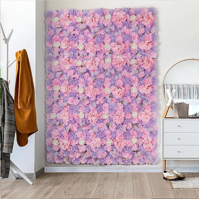 Flower Wall Backdrop12 pcs 16.5x16.5 Inch Floral Wall Panel Artificial Silk Rose Wall Decor Ideal for Wedding Celebrations, Festive Party Backdrops, and Home Decor-Pink and Purple
