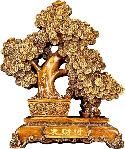 FENGSHUI-CAISHEN Top Resin Money Tree, Artificial Bonsai Tree, Handcrafted, Premium Quality, Feng Shui Gift for Abundance Luck and Success (Brown)