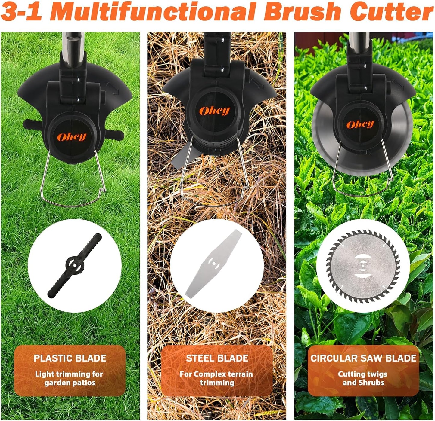 Cordless Weed Wacker, Ohey Electric Brush Cutter, Adjustable Pole Length Weed Eater, Foldable & Lightweight, 3 Blade Types, Battery-Powered Cordless Weed Eater for Lawn, Garden, Yard Work