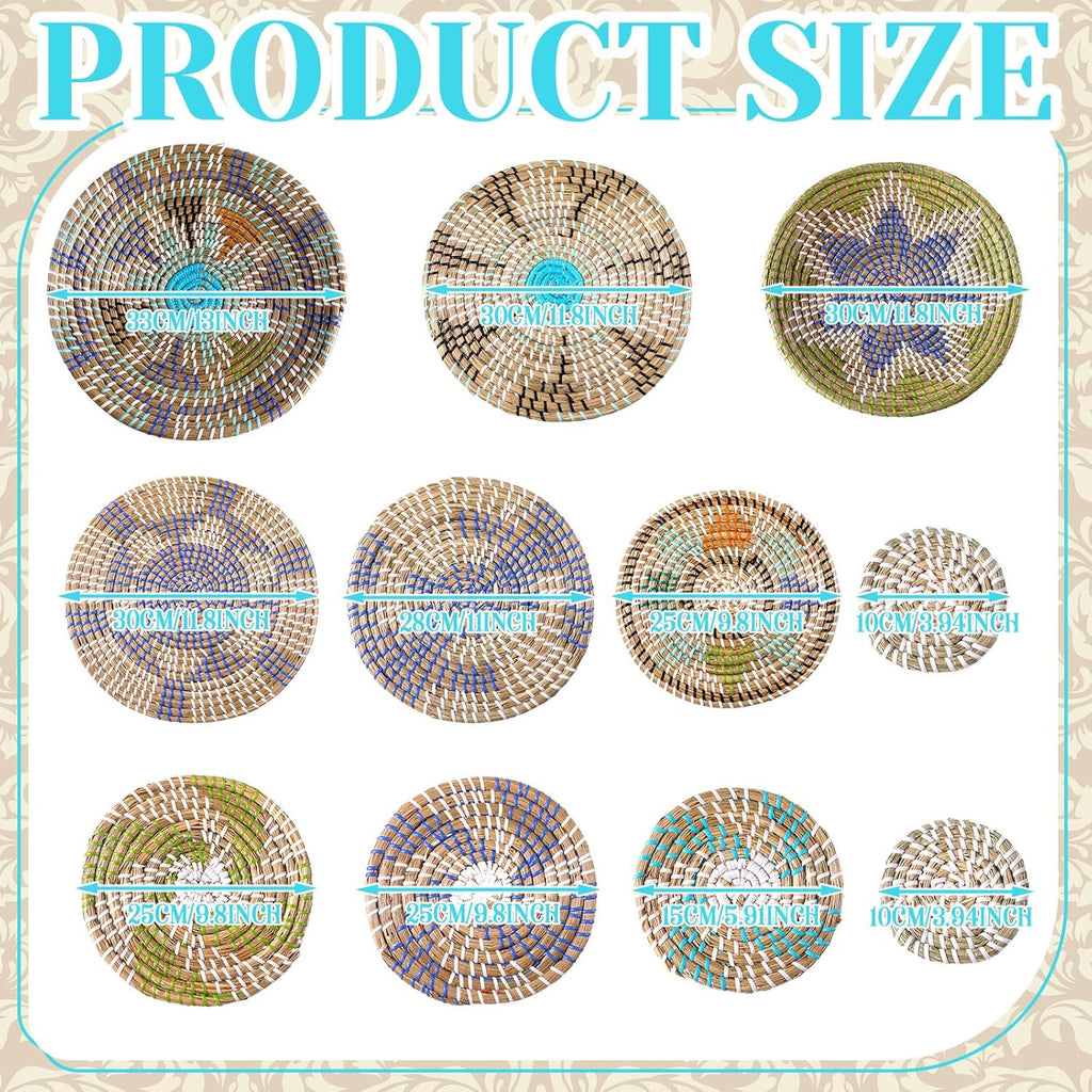 Tatuo 11 Pcs Boho Wall Basket Decor Decorative Bulrush Woven Basket Wall Decor Art Round Farmhouse Hanging Baskets for Kitchen Rustic Home Summer Decorations, Multi Sizes(Multicolour)