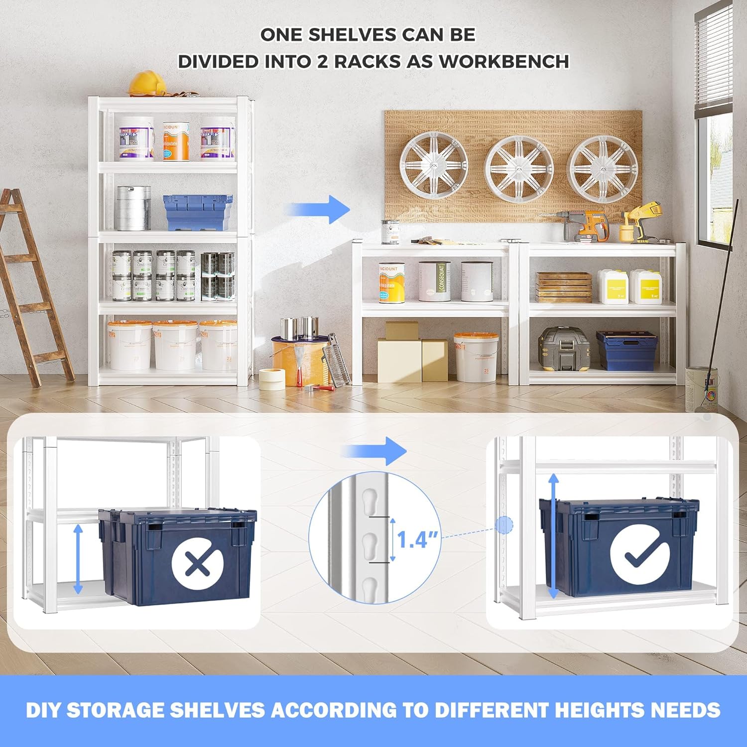 Raybee 72''H Garage Shelving Heavy Duty Storage Shelves Load 2010LBS Adjustable 5 Tier Heavy Duty Shelving White Garage Sheves Pantry Shelf for Kitchen Closet 72''H*31.7''W*16.3''D, 2Pack