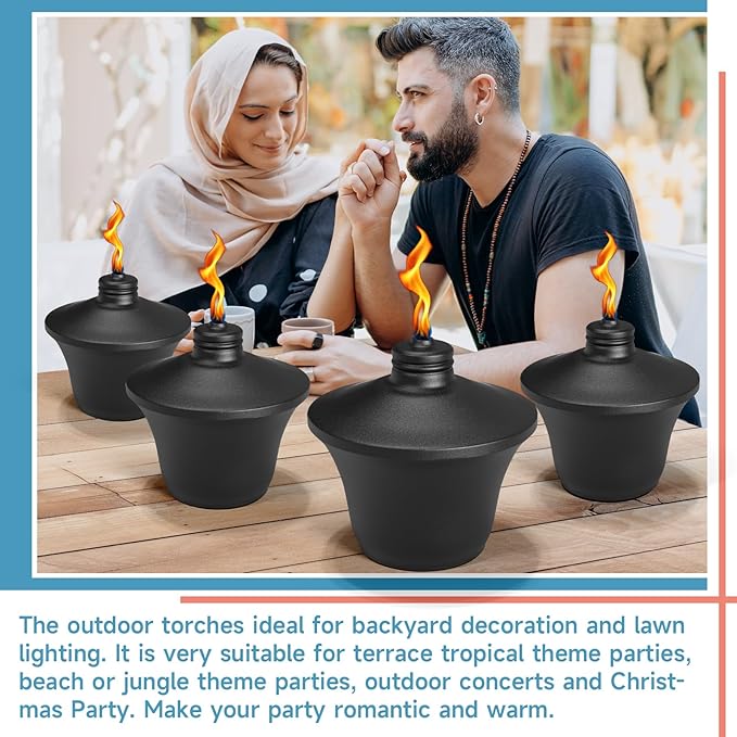 4-Pack Citronella Tabletop Torches, 14.5 oz Table Top Torches for Outdoor, Metal Oil Burner Candles, Garden Torches with Fiberglass Wick for Yard, Patio, Deck, Garden, Party, Landscape
