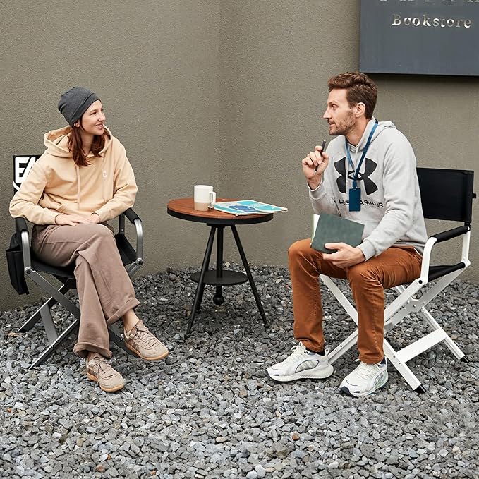 EVER ADVANCED Aluminum Directors Chair, Folding Studio Movie Chairs Camping Event Vendor Chair, 19" Seat Height Black Fabric/White Frame, Support 350lbs