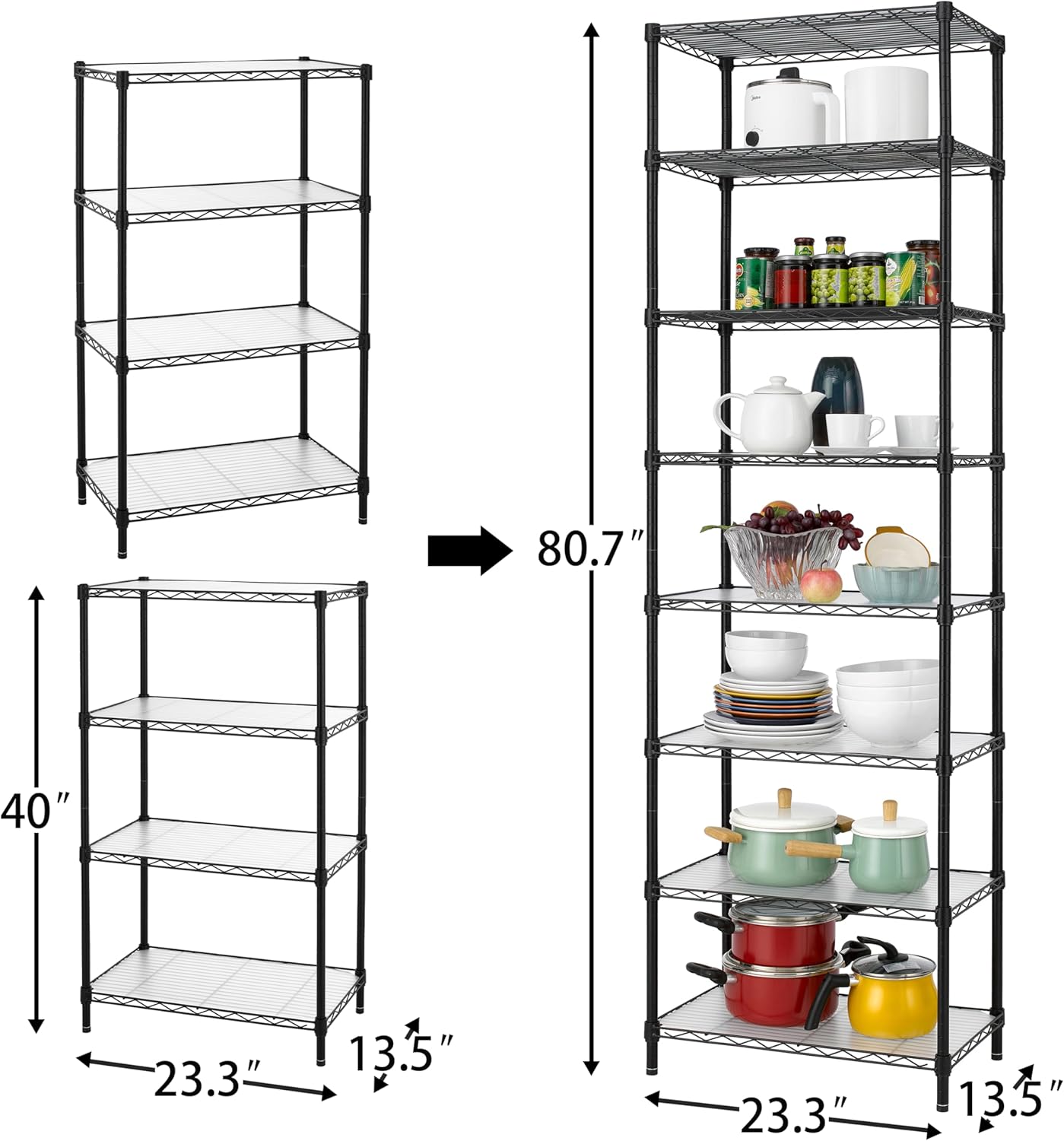 Finnhomy 8-Tier Wire Shelving Unit Adjustable Steel Wire Rack Shelving, 80.7 Inches Height 8 Shelves Metal Storage Rack, Pantry Shelves for Storage with PE mat, NSF Certified, Black
