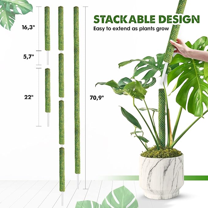 Duspro Green Stackable Mesh Moss Pole for Plants Climbing Vine Supporting Monstera Trellis, for Indoor Plants Extendable Plant Pole Moss Sticks, for Potted Plant Stakes 4Pack 71''