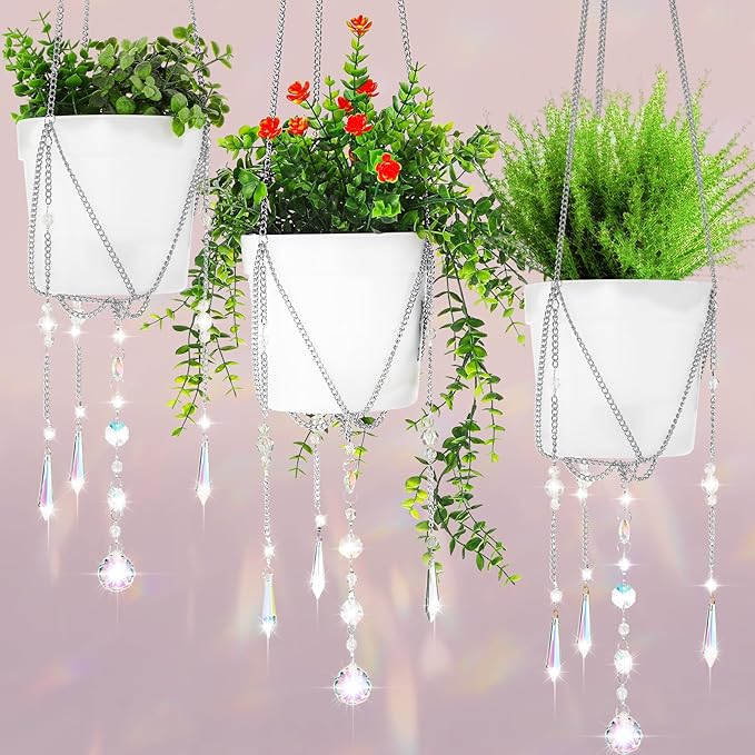 Chunful 3 Pack Sun Catcher Plant Hanger with Beads and Glass Crystal Beaded Plant Hanger Sun Catchers Kit Hanging Basket Accessories for Indoor Home Rainbow Decor, Pots Not Included (Silver)