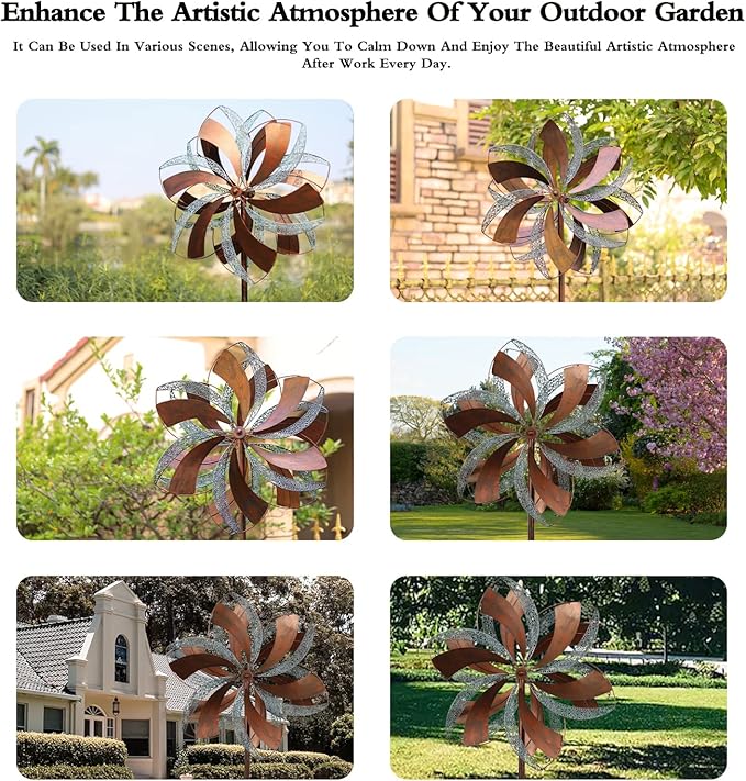 Garden Wind Spinner,Flower Wind Spinner,Outdoor Metal Wind Sculpture & Spinner Large 23 inch Dia 84 inch Height Kinetic Windmill for Garden Yard