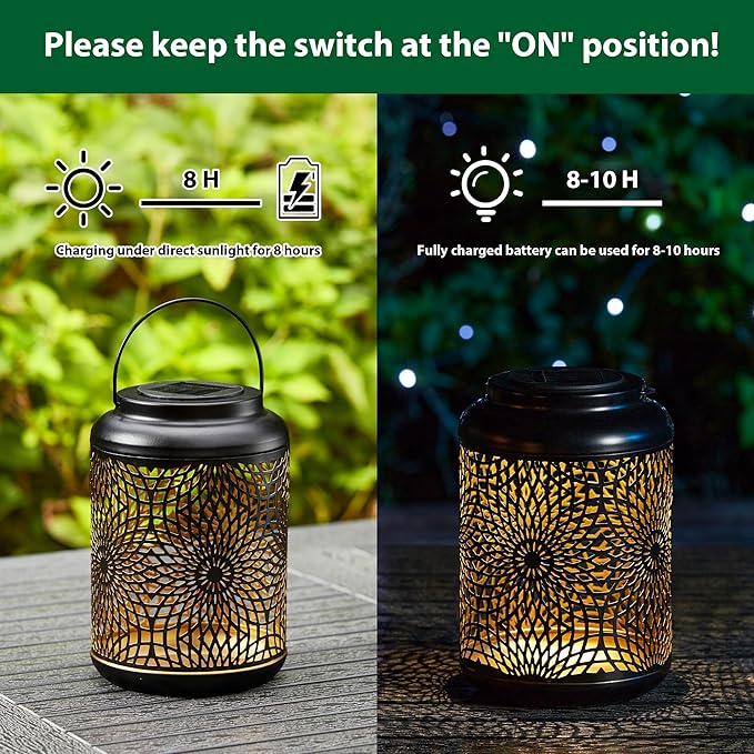 Glitzhome Solar Lantern Black Metal Cutout Scrollwork Outdoor Hanging Solar Light with Handle for Garden Patio Yard Outdoor Decor