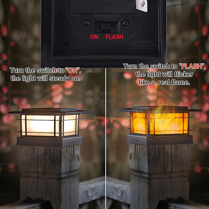 Dynaming 8 Pack Solar Flame Post Lights Outdoor, Solar Powered Fence Post Cap Lights, High Brightness Flickering Flame SMD LED Lighting Decor for Garden Deck Patio, 4x4, 5x5 or 6x6 Vinyl/Wooden Posts