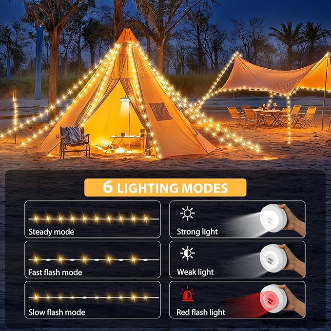 Camping String Lights, 4 in 1 Quick Storage 32.8FT Rechargeable Tent Lights with 6 Modes Hanging Waterproof Camp Lamp Camping Essentials for AwnTent Hiking Garden Bedroom Festival (Warm White)-2Pack
