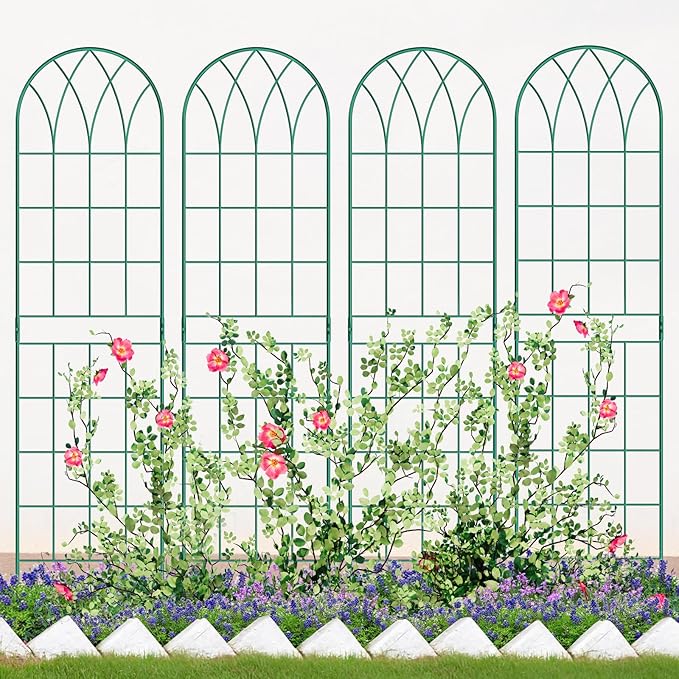 4 Pack Metal Garden Trellis for Climbing Plants, Black Metal Garden Trellis for Vines Plant Rose Vegetable Support,Large Decorative Outdoor Trellis